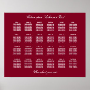Burgundy 24 Table Wedding Seating Chart Poster
