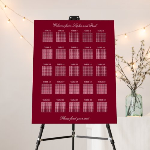 Burgundy 25 Table Wedding Seating Chart Foam Board