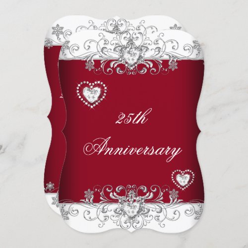 Burgundy 25th Wedding Anniversary Diamond Hearts Invitation