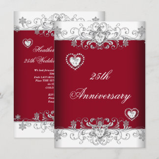 Burgundy 25th Wedding Anniversary Diamond Hearts Invitation