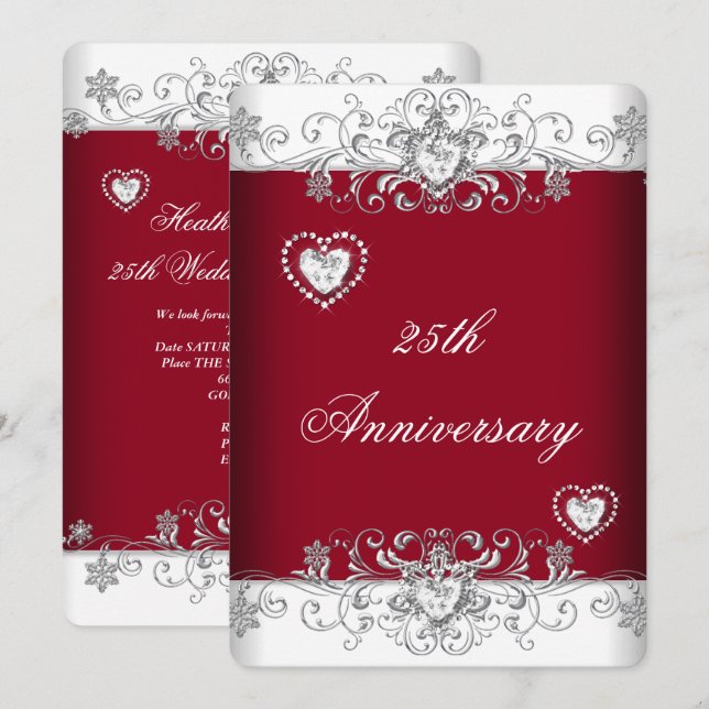 Burgundy 25th Wedding Anniversary Diamond Hearts Invitation (Front/Back)