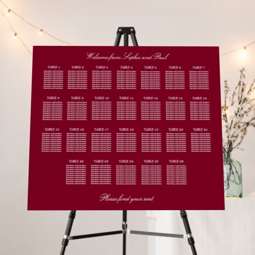 Burgundy 26 Table Wedding Seating Chart Foam Board