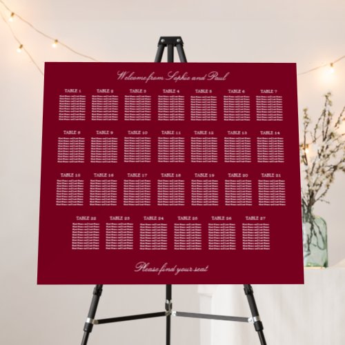 Burgundy 27 Table Wedding Seating Chart Foam Board