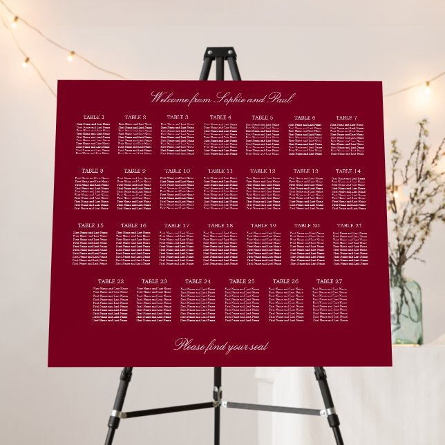 Burgundy 27 Table Wedding Seating Chart Foam Board (In Situ (Stand))