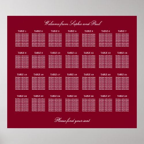 Burgundy 28 Table Wedding Seating Chart Poster