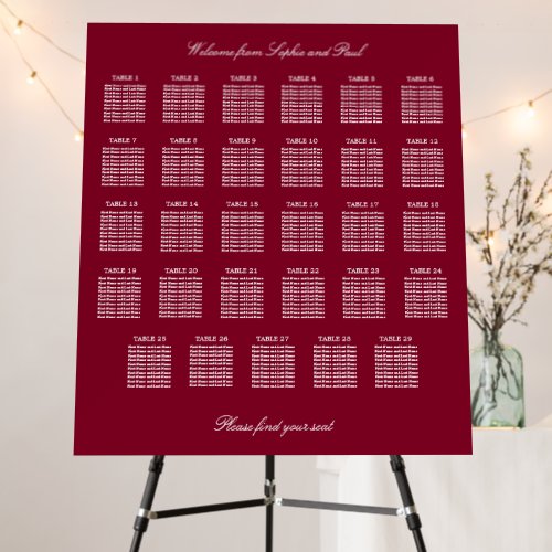 Burgundy 29 Table Wedding Seating Chart Foam Board