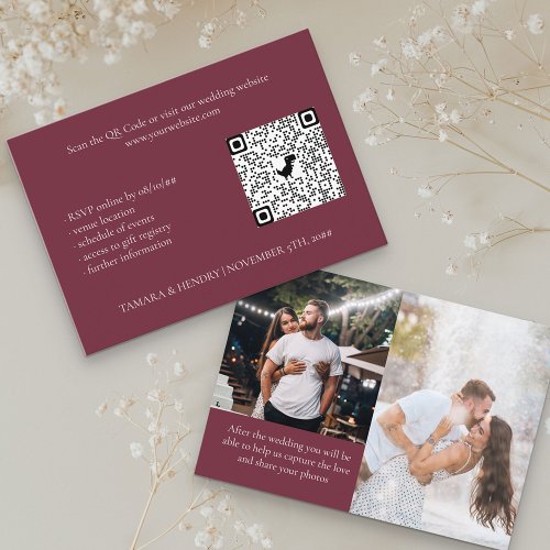 Burgundy 2 Photo Online RSVP QR Code Wedding Enclosure Card