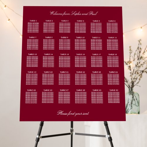 Burgundy 30 Table Wedding Seating Chart Foam Board