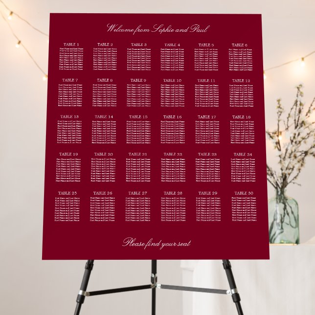 Burgundy 30 Table Wedding Seating Chart Foam Board (In Situ (Stand))