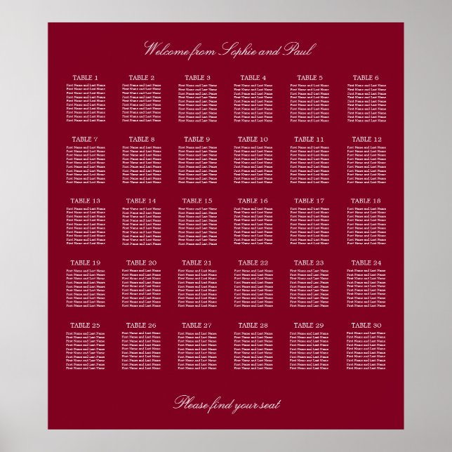 Burgundy 30 Table Wedding Seating Chart Poster (Front)