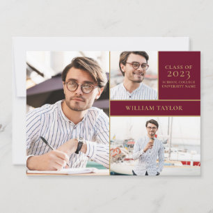 Burgundy 3 Photo Gold Graduation Party Invitation