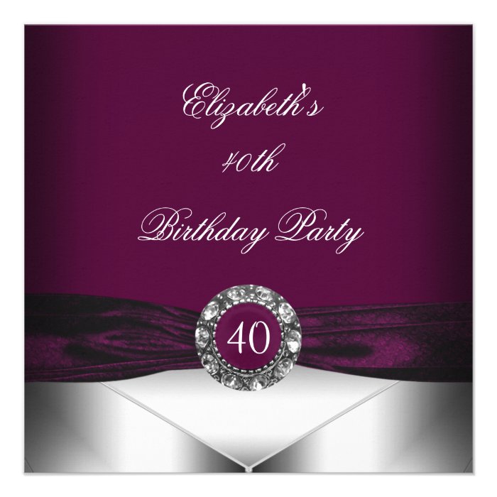 Burgundy 40th Birthday Diamond White Silver Party Invitations