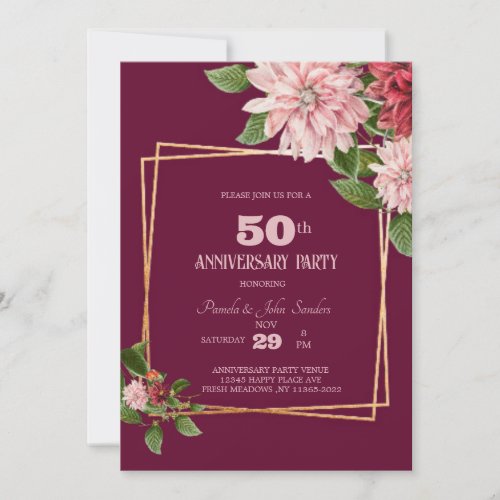 Burgundy 50th Anniversary  Birthday  Wedding  Invitation