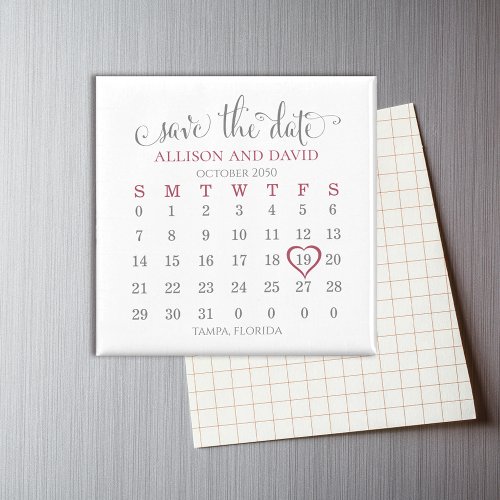 Burgundy 5 Rows Calendar Save the Date Wedding Magnet