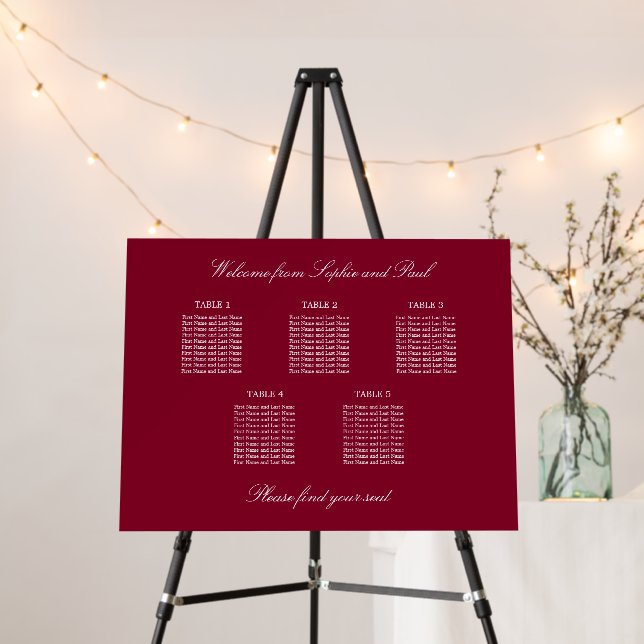 Burgundy 5 Table Seating Chart Foam Board (In Situ (Stand))