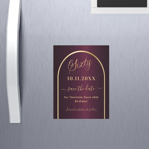 Burgundy 60th birthday Save the Date magnet