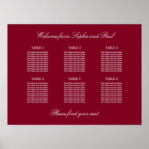 Burgundy 6 Table Wedding Seating Chart Poster