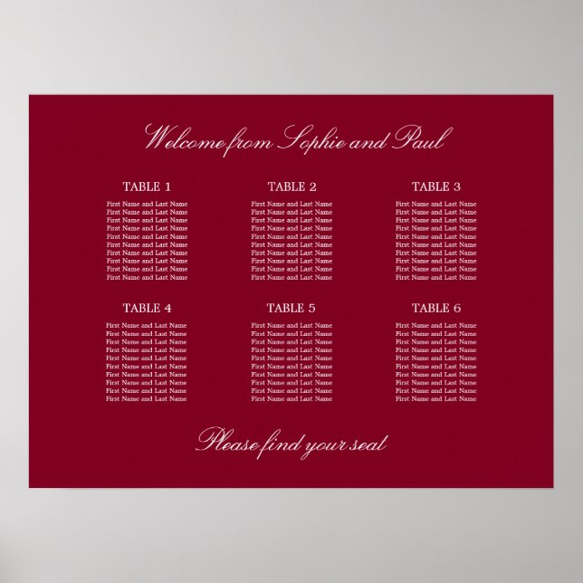 Burgundy 6 Table Wedding Seating Chart Poster (Front)
