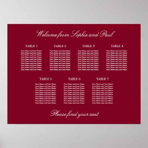 Burgundy 7 Table Wedding Seating Chart Poster
