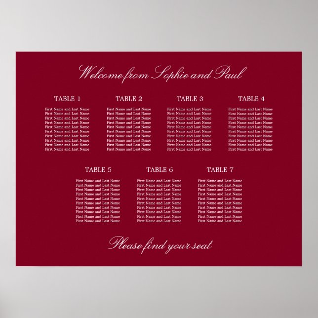 Burgundy 7 Table Wedding Seating Chart Poster (Front)