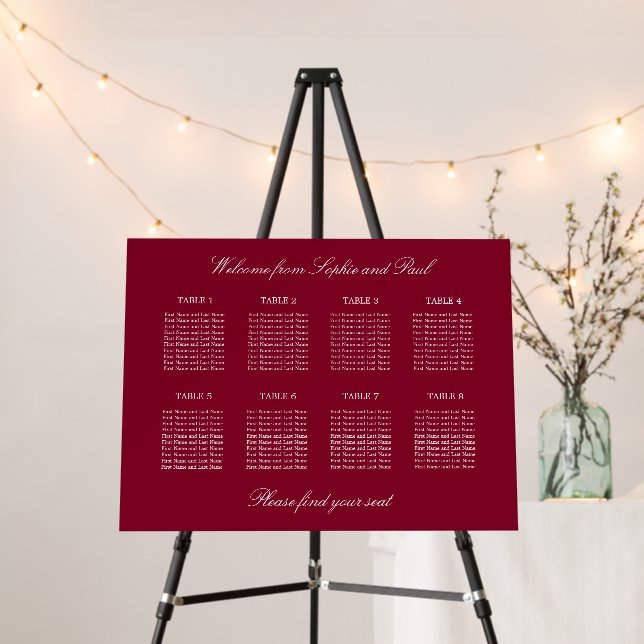 Burgundy 8 Table Wedding Seating Chart Foam Board (In Situ (Stand))