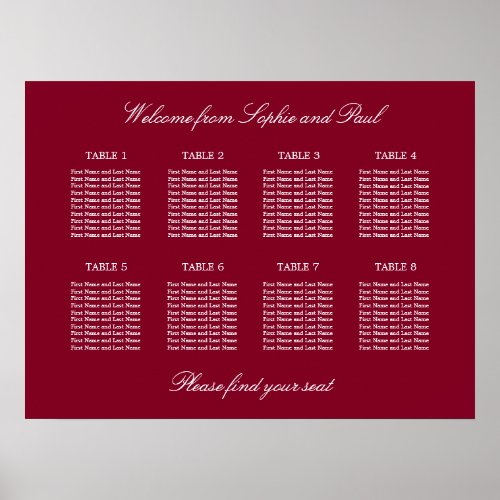 Burgundy 8 Table Wedding Seating Chart Poster