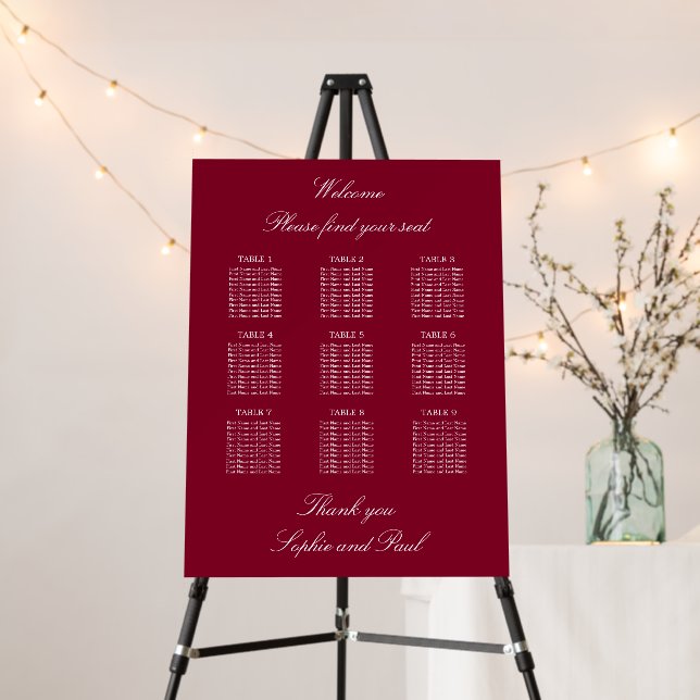 Burgundy 9 Table Wedding Seating Chart Foam Board (In Situ (Stand))