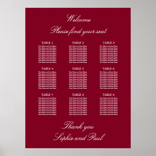 Burgundy 9 Table Wedding Seating Chart Poster
