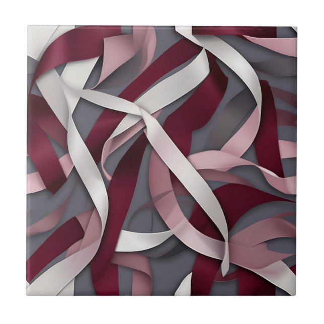 Burgundy Abstract Ribbon Ceramic Tile (Front)