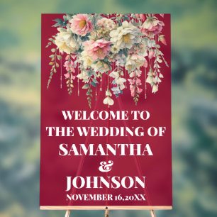 Burgundy Acrylic Floral Wedding Welcome Sign