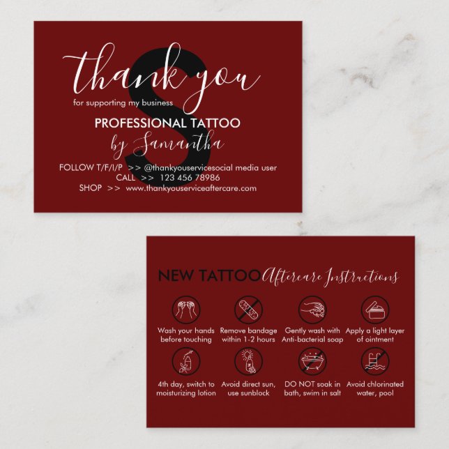 Burgundy Aftercare Instructions Tattoo Thank you Business Card (Front/Back)