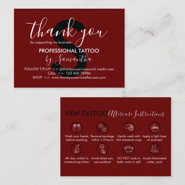 Burgundy Aftercare Instructions Tattoo Thank you Business Card
