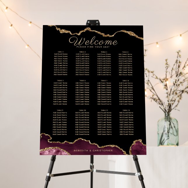 Burgundy Agate 12-Table Wedding Seating Chart Foam Board (In Situ (Stand))