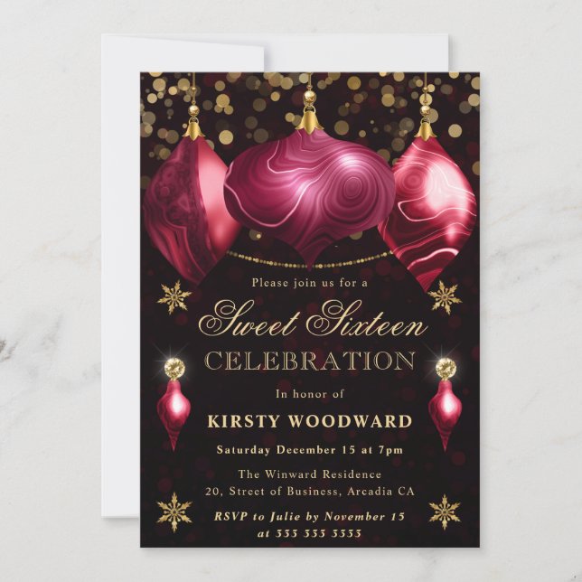 Burgundy Agate Baubles Christmas Sweet 16 Invitation (Front)