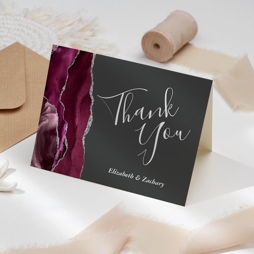 Burgundy Agate Charcoal Gray Wedding Thank You Card