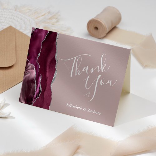 Burgundy Agate Dusty Rose Wedding Thank You Card