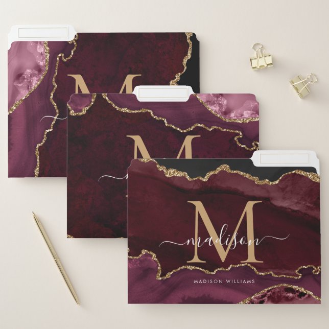Burgundy Agate Geode Gold Glitter Monogram Script File Folder (Set)