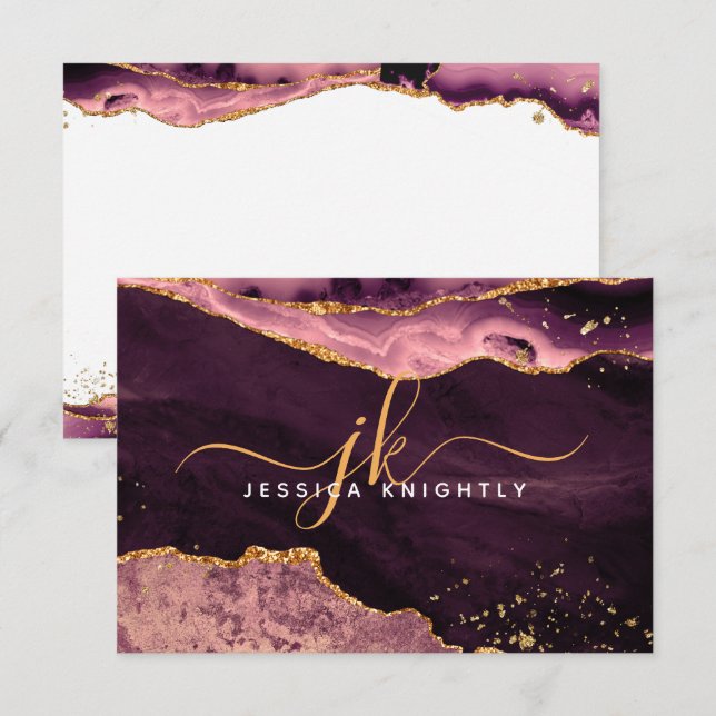 Burgundy Agate Geode Gold Glitter Script Monogram Note Card (Front/Back)