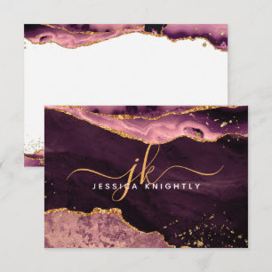 Burgundy Agate Geode Gold Glitter Script Monogram Note Card