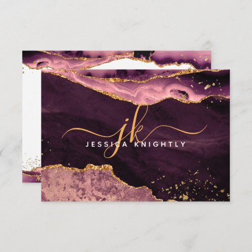 Burgundy Agate Geode Gold Glitter Script Monogram Note Card