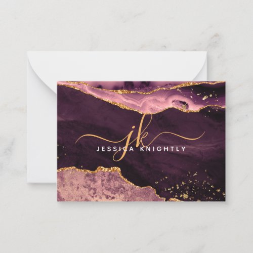 Burgundy Agate Geode Gold Glitter Script Monogram Note Card