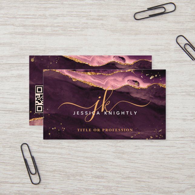 Burgundy Agate Geode Monogram Gold Script Business Card (Front/Back In Situ)