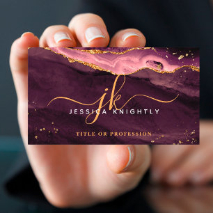Burgundy Agate Geode Monogram Gold Script Business Card