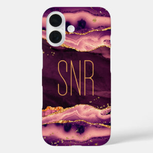 Burgundy Agate Geode Monogram Name Gold Glitter iPhone 16 Case