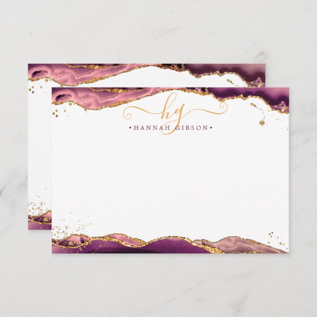 Burgundy Agate Geode Monogram Script Gold Glitter Note Card (Front/Back)