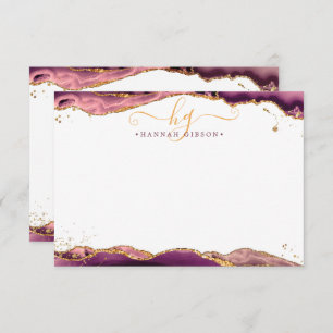 Burgundy Agate Geode Monogram Script Gold Glitter Note Card