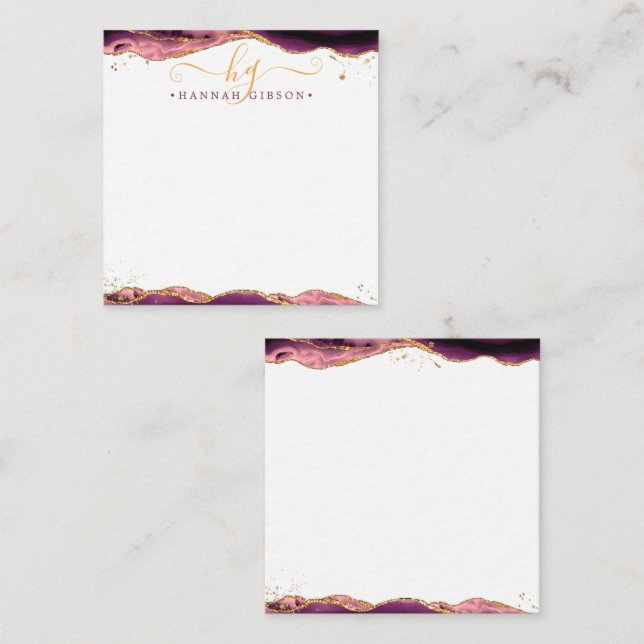 Burgundy Agate Geode Script Monogram Gold Glitter Note Card (Front/Back)