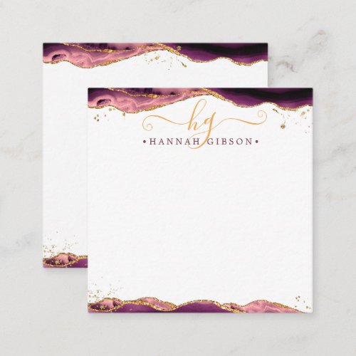 Burgundy Agate Geode Script Monogram Gold Glitter Note Card