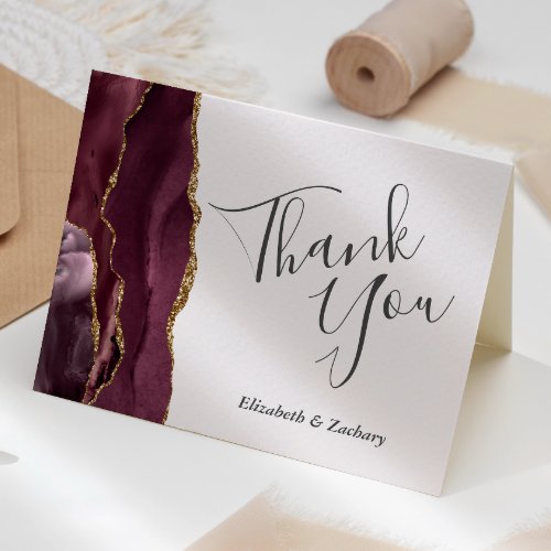 Burgundy Agate Gold Blush Wedding Thank You Card