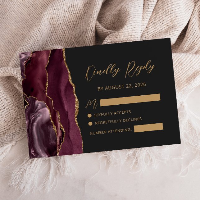 Burgundy Agate Gold Calligraphy Script Wedding RSVP Card (Creator Uploaded)